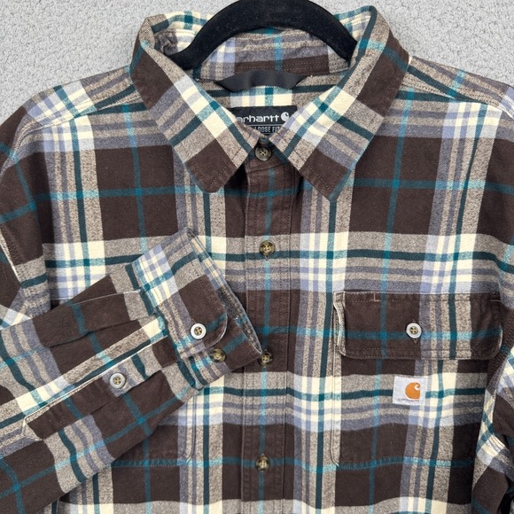 Carhartt Shirt Mens L Brown Plaid‎ Button Up Heavyweight Flannel Workwear Rugged - Picture 1 of 12